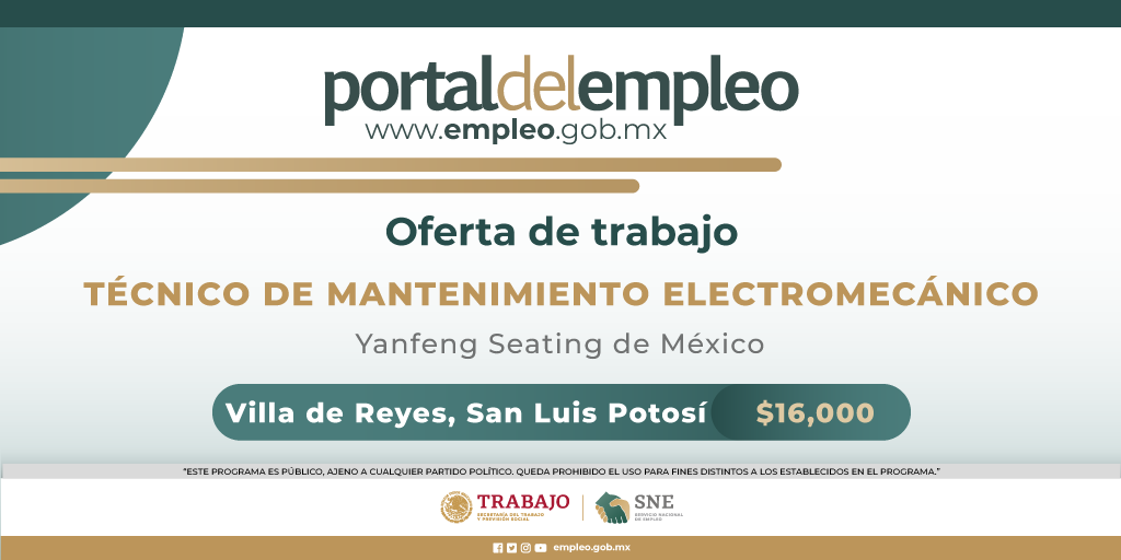 📢 #BolsaDeTrabajo 👤 Técnico de mantenimiento electromecánico en Yanfeng Seating de México. 📍Para trabajar en #SanLuisPotosí. 💰16,000.00. Detalles y postulación en: 🔗 goo.su/JQkA 📨 azucena.loredo@yanfeng.com #Trabajo #Empleo #SNE #PortalDelEmpleo