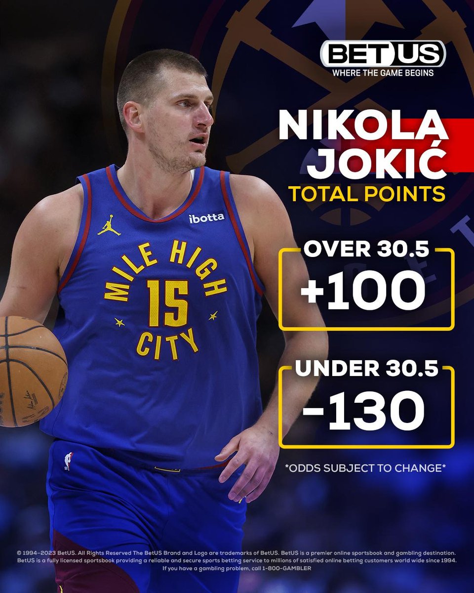 BetUS_NBA's tweet photo. If Nikola Jokic scores Over 30.5 Points everyone that Repost gets a $25 Free Play

You have time to Repost until today (5/10/24)

🏀 Sign-Up to BetUS: https://t.co/NJqO2SNxdM https://t.co/MQWpTRiACX