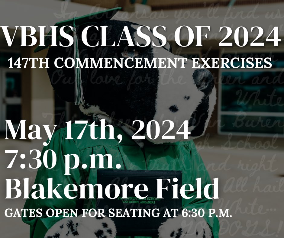 The graduation countdown has begun! VBHS Class of 2024 147th Commencement Exercises May 17th, 2024 7:30 p.m. Blakemore Field The gates will open at 6:30 p.m. for seating. Seating will be open on both the home & visitor sides of the stadium & on a 'first come, first serve'