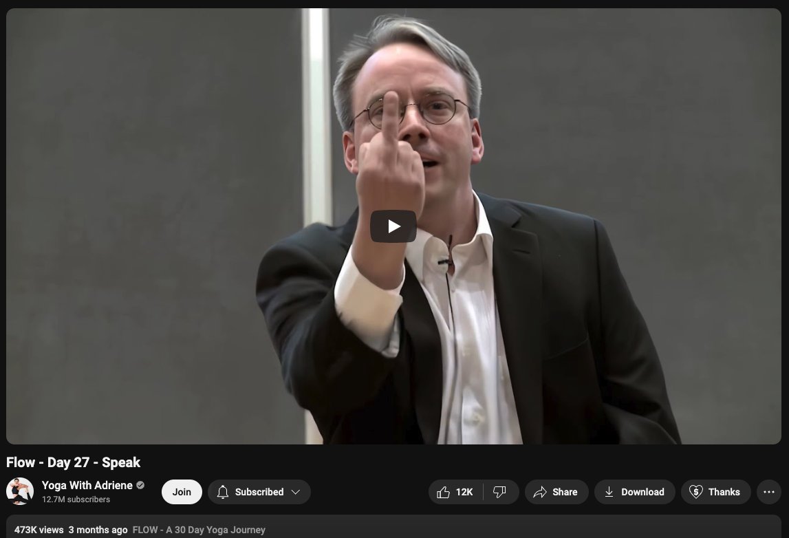 smashalidis's tweet photo. YouTube bugging out and showing me the wrong thumbnail for Yoga With Adriene has been the highlight of my day so far https://t.co/0ZSVruum2T
