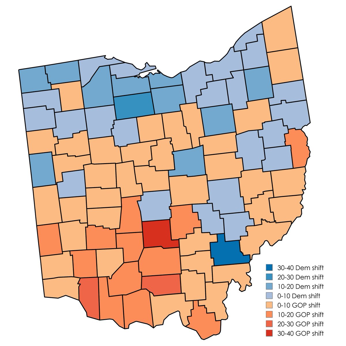 #ElectionTwitter Here's a map comparing the results by county in Ohio between the 1956 and 1972 presidential elections. Democrats improved in urban & industrial areas, majority-Catholic counties and college towns, while rural southern Ohio swung to the GOP.