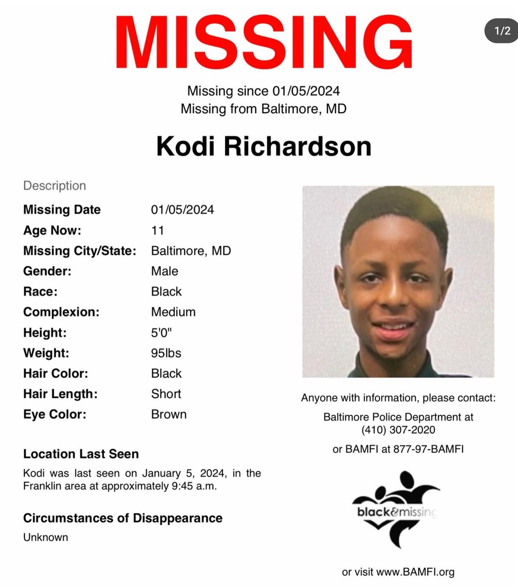 #KodiRichardson #MissingPerson #MissingChild #Missing #AmberAlert #Baltimore #Maryland