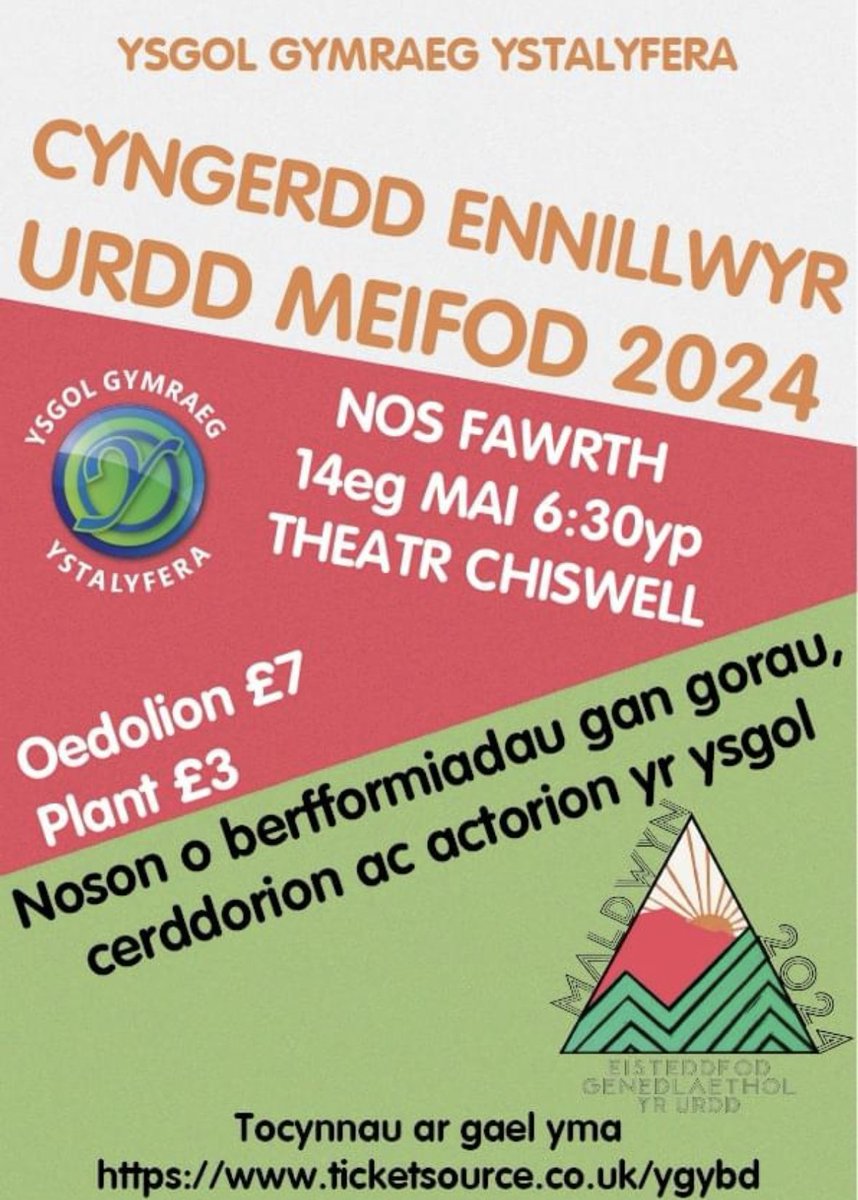 Ymunwch â ni y nos Fawrth hon (14/05) i ddathlu doniau ein disgyblion wrth iddyn nhw berfformio eitemau buddigol Eisteddfod Sir cyn iddyn nhw gystadlu yn Eisteddfod Meifod 2024.

Dilynwch y linc ar gyfer tocynnau bit.ly/49YgWie 👈

<a href="/YsgolYstalyfera/">Ystalyfera - Bro Dur</a> 
<a href="/UrddGorMor/">Urdd Gorllewin Morgannwg</a>