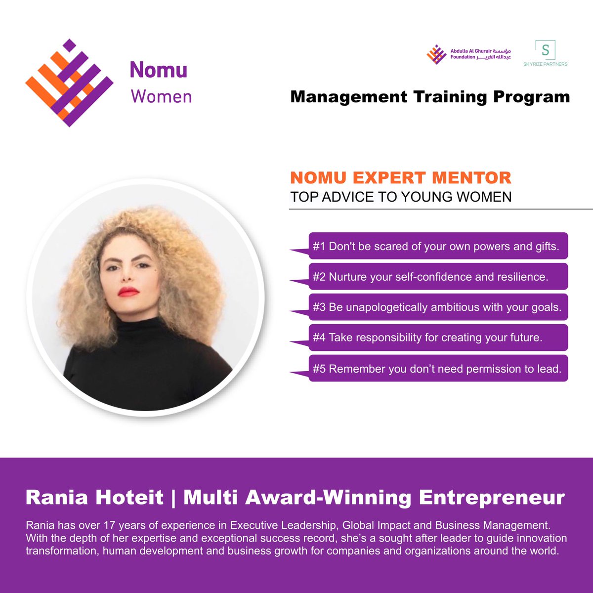 🚀 Cohort 4 has kicked off! I’m happy to join Nomu Women’s Management Training Program as an Expert #Mentor and #LeadershipDevelopment Coach. Nomu is a transformative initiative to enhance the #management and #leadership skills of Arab #women Learn more: alghurairfoundation.org/program/nomuwo…