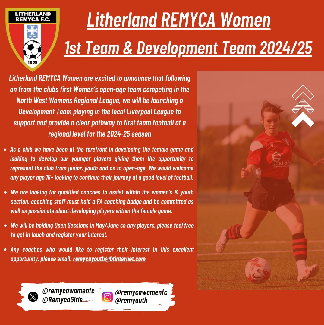 RemycaGirls's tweet photo. Ours Women's Team playing in @nwwrfl &amp; Development Team playing in @LiverpoolWYFL for 24-25 season are looking for additional players
Open sessions begin on Thursday 23rd May @ Jeffrey Humble Hub.
Please fill in the attached form to register an interest 
https://t.co/kTFqQpIj7x https://t.co/1Nrtsp6TN5