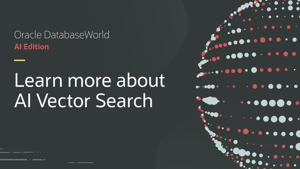 Oracle Database 23ai adds Oracle AI Vector Search for fast and simple similarity search queries—on both structured and unstructured data. Learn more at DatabaseWorld AI Edition by registering at social.ora.cl/6010jIVde