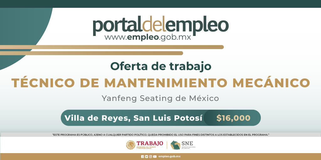 📢 #BolsaDeTrabajo 👤 Técnico de mantenimiento mecánico en Yanfeng Seating de México. 📍Para trabajar en #SanLuisPotosí. 💰16,000.00. Detalles y postulación en: 🔗 goo.su/iGxu 📨 azucena.loredo@yanfeng.com #Trabajo #Empleo #SNE #PortalDelEmpleo