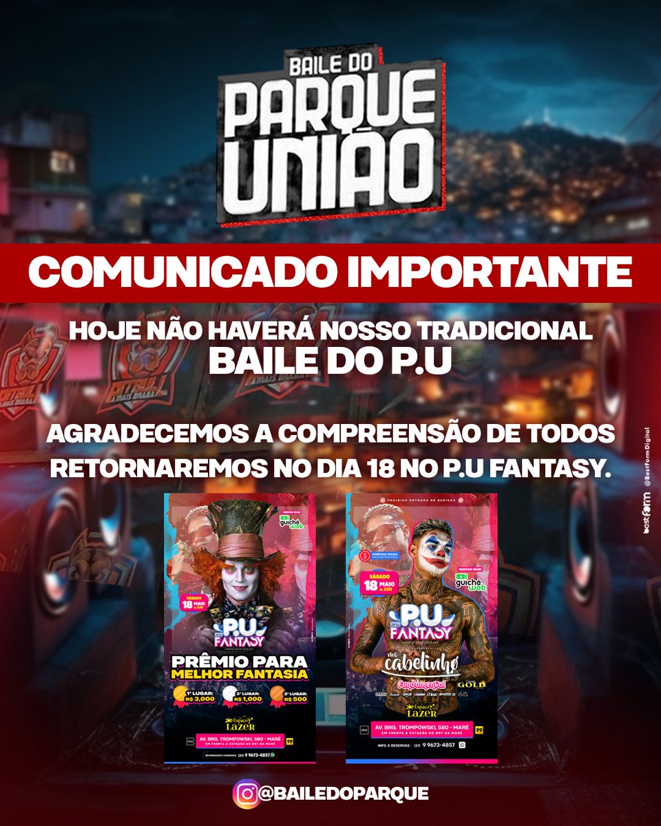 ParqueuniaoPu's tweet photo. FALA MEUS AMIGOS!!!! 🫶🏾

COMUNICADO IMPORTANTE PRA VOCÊS, HOJE INFELIZMENTE NÃO TEREMOS O NOSSO BAILE DO P.U…

ESTAREMOS FOCADOS NO NOSSO GRANDIOSO EVENTO, P.U FANTASY…

MAS BREVE BREVE BAILE DO PARQUE UNIÃO ESTARÁ DE VOLTA 🙌🏾 https://t.co/DBgoDBHdhW