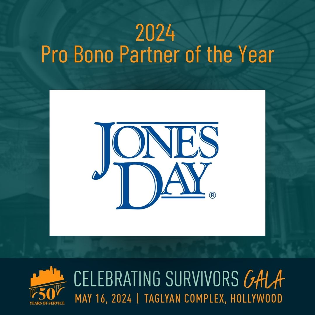 We are proud to announce @JonesDay as our 2024 Pro Bono Partner of the Year! Their commitment to providing top-tier legal services have made a profound impact on our community of survivors.
 
Join us in applauding Jones Day for their exceptional dedication to justice! #probono