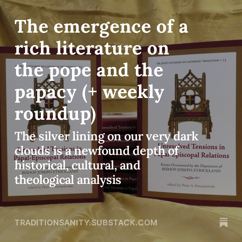The emergence in our days of a rich literature on the pope and the papacy—a veritable renaissance of theological discussion—might well be seen as one “silver lining” on the very dark clouds that oppress us. Today I review six books in this area. traditionsanity.substack.com/p/the-emergenc…