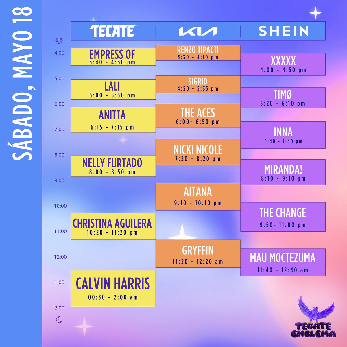 Lo que todos estabamos esperando, les traemos los horarios de #TecateEmblema primero que todos. ¡Preparen los mejores outfits que nos espera un fin lleno de música y recompensas Tecate!