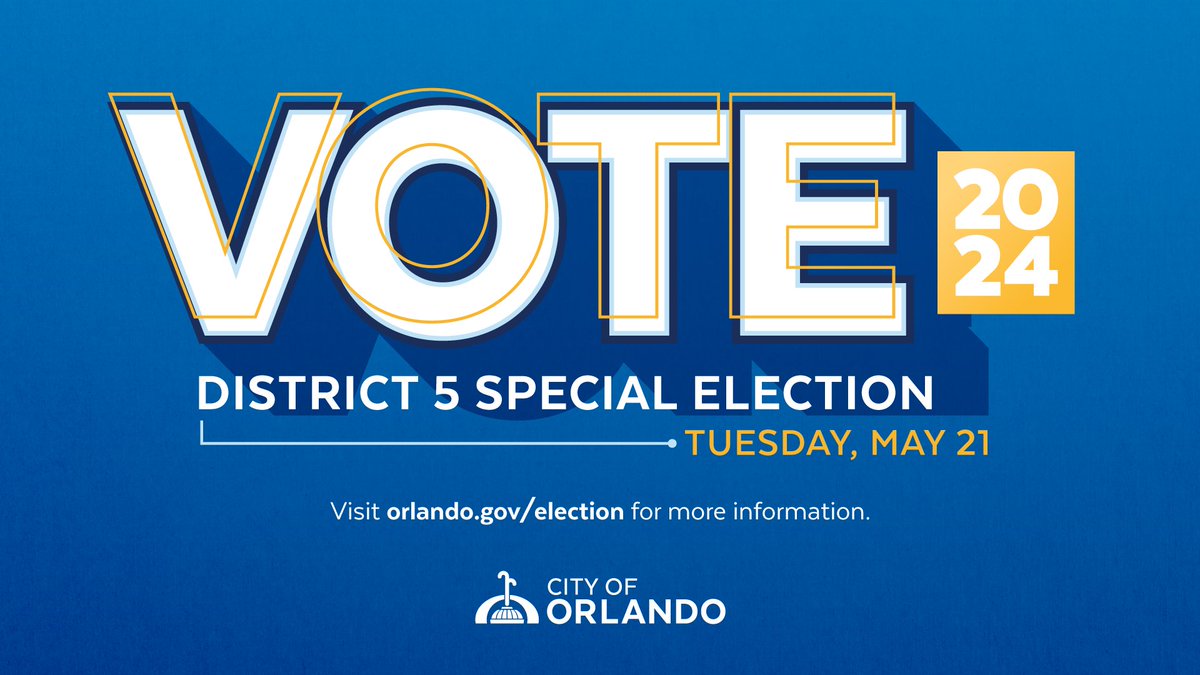 Early Voting🗳️Special Election for District 5 Interim City Commissioner is will take place starting Monday, May 13 until Sunday, May 19, 2024. Visit orlando.gov/election to find your polling place and learn more.