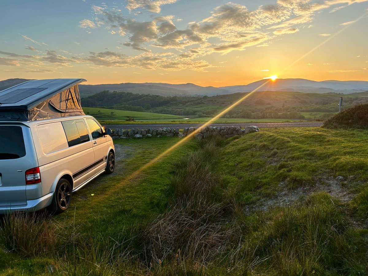 Home for the night watching the sun setting behind Cairnsmore of Fleet