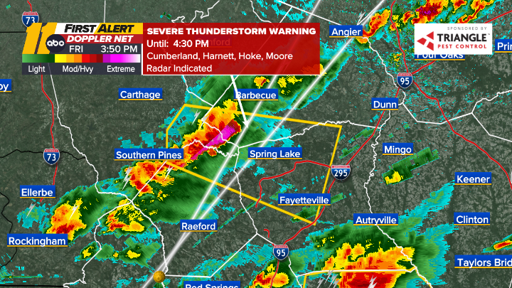 A Severe T-Storm Warning now until 4:30pm (Friday) for 4 counties in the @ABC11_WTVD viewing area. #ncwx #FirstAlertWeather