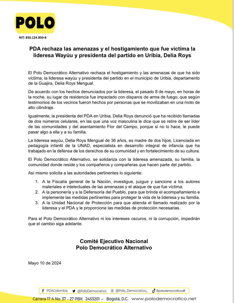 #Atención | 🟡 El Polo Democrático Alternativo rechaza el hostigamiento y las amenazas de que ha sido víctima, la lideresa wayúu y presidenta del partido en el municipio de Uribia, departamento de La Guajira, Delia Roys Mengual.