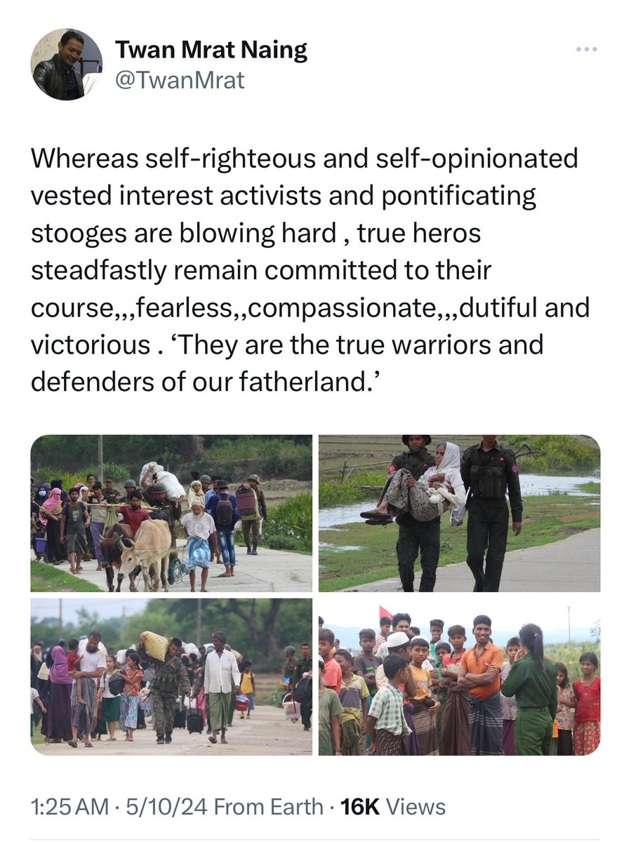 Shwe Maung (@shwemaung_mp) on Twitter photo <a href="/TwanMrat/">Twan Mrat Naing</a>
AA Military Leader Bogyoke Twan Mrat Naing, Don’t try to make fool of us. We are’t idiots. You instigated/ordered your so-called true warriors to burn down Rohingya villages, make Rohingya villages as battlefields, do massacre against innocent Rohingya civilians, force <a href="/TwanMrat/">Twan Mrat Naing</a>
AA Military Leader Bogyoke Twan Mrat Naing, Don’t try to make fool of us. We are’t idiots. You instigated/ordered your so-called true warriors to burn down Rohingya villages, make Rohingya villages as battlefields, do massacre against innocent Rohingya civilians, force