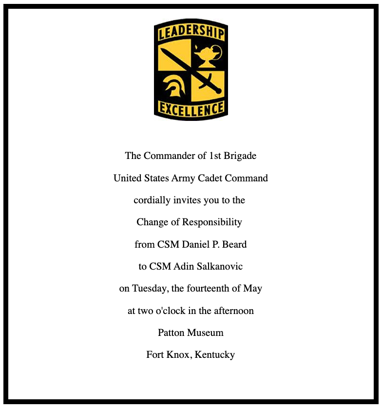 You're all invited! Be sure to join us on Facebook live stream at two o'clock on the fourteenth of May for the Change of Responsibility. CSM Daniel P. Beard will hand over to CSM Adin Salkanovic. #somenewisintown #CSM #responsibility