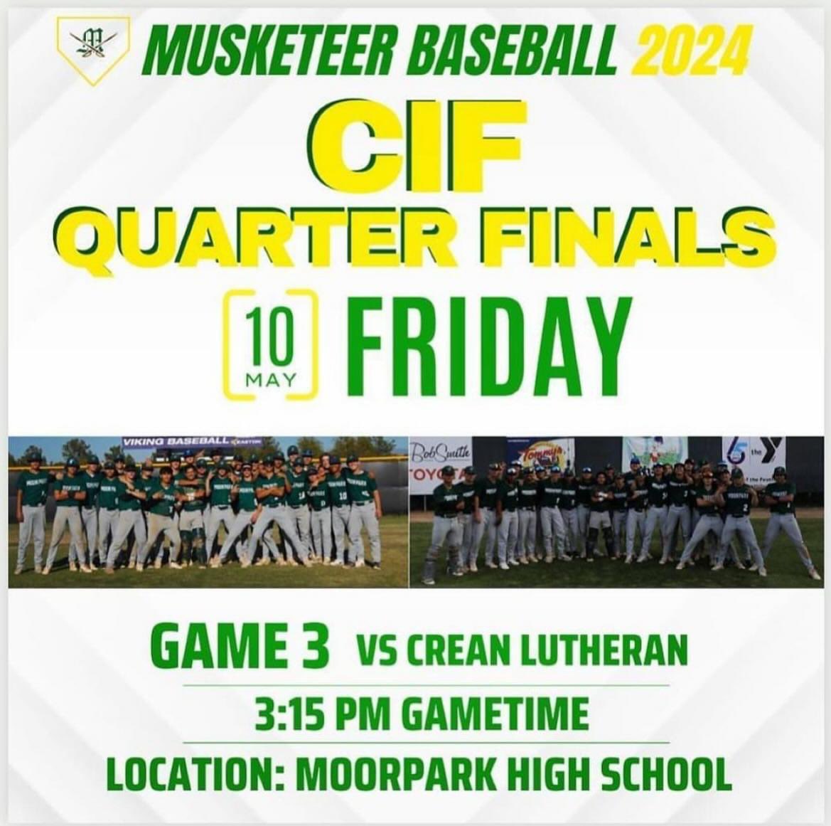 Count down to quarter finals is on. Today-Come on out, fill up the stands, and cheer on our Boys with us! Let’s Go MOORPARK! 💚💛⚾️