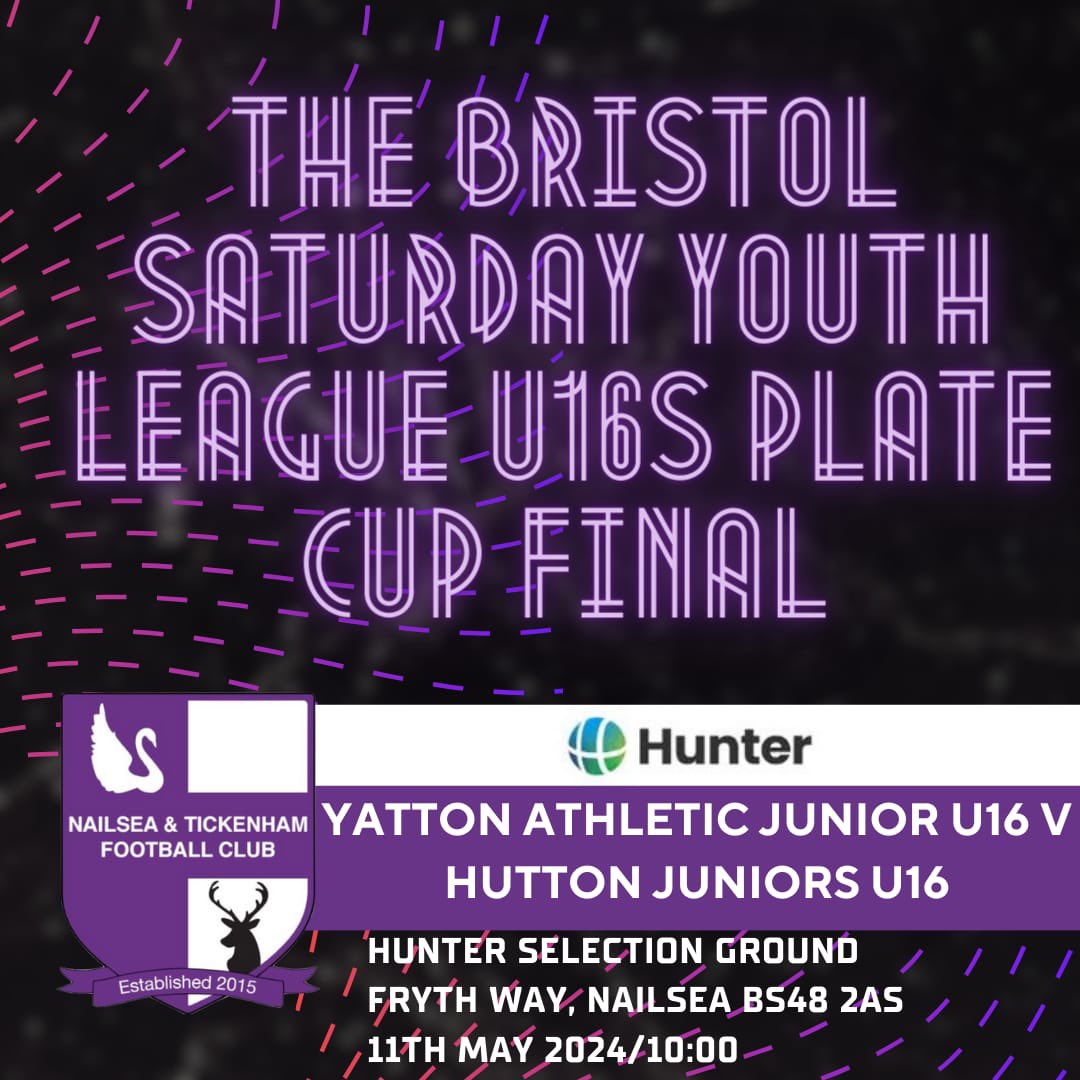 This Saturday it’s the Bristol Saturday Youth League U16S PLATE Cup Final Yatton Athletic Junior U16 V Hutton Juniors U16 ⚽️ ⏰ 10:00am KO See you there!