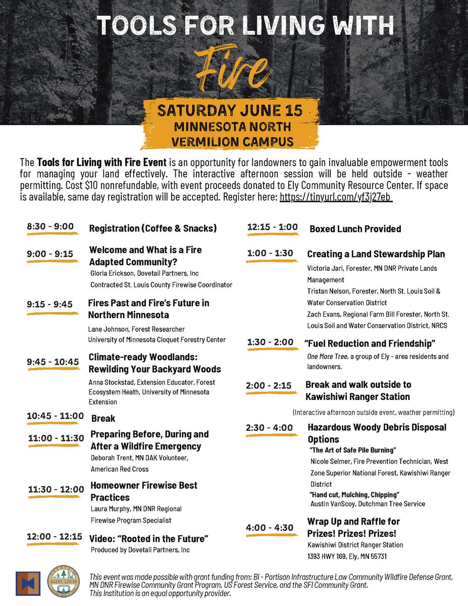 The Tools for Living with Fire Event in Ely will help landowners gain tools and knowledge about managing land effectively including fire history, creating stewardship plans, risk reduction activities, and preparing for wildfire. 6/15, $10 includes lunch. minnesotafac.org/blogdetail.php…