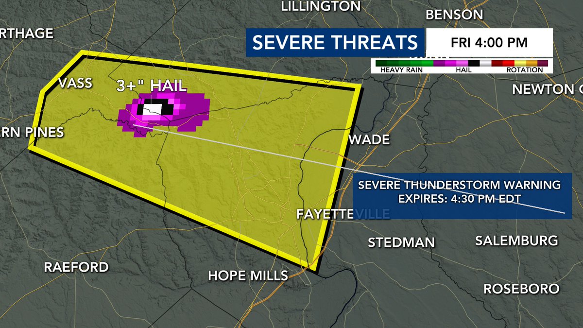 The hail is growing inside this storm over southwest Harnett County. Hail the size of golf balls is looking possible with this as it moves to the east and southeast as 35 mph. #ncwx @wralweather