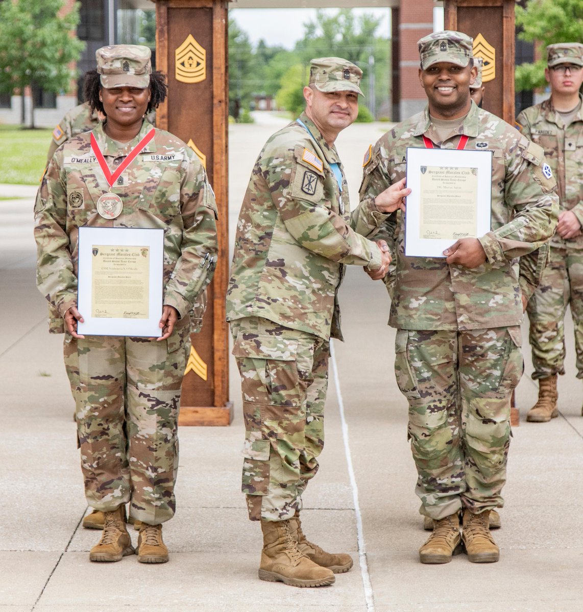Today, Command Sgt. Maj. Nephoteria S. O'Meally, V Corps HHBN command sergeant major, and 1st Sgt. Marcus L. Aaron, SISCO first sergeant, were inducted into the Sergeant Morales Club. Great job, Command Sgt. Maj. O'Meally and 1st Sgt. Aaron, and congratulations!