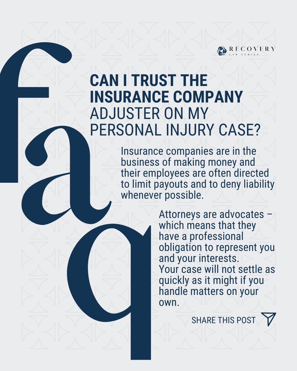 🚦 Stop! Before You Trust The Insurance Adjuster..

Welcome to another FAQ Friday with us! Don't fall into the trap of assuming the insurance adjuster has your best interests at heart. Here's what you need to know.

– Click the thread to learn more!

#askquestions #personalinjury