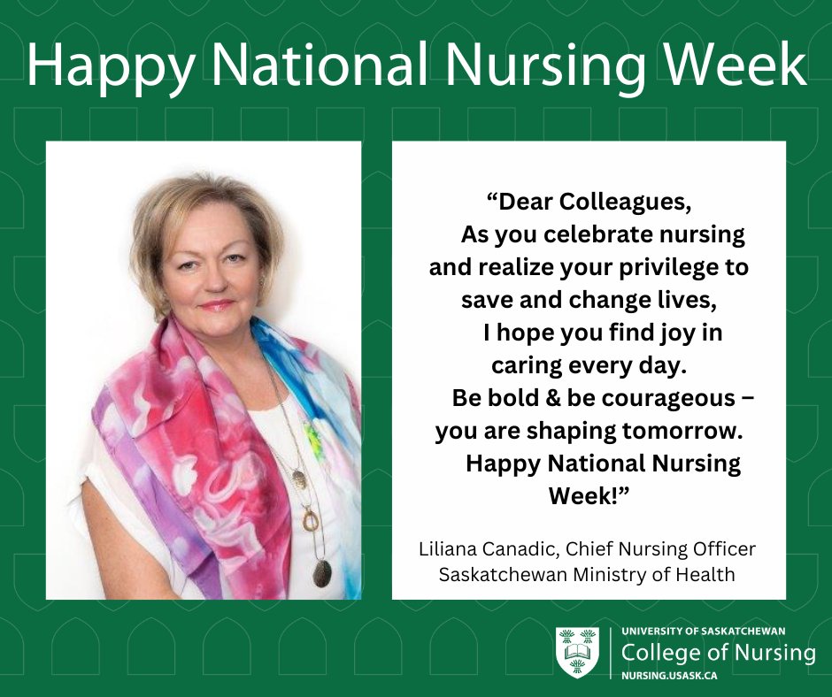 Happy #NationalNursingWeek from Ministry of Health, Chief Nursing Officer, Liliana Canadic!

#NursingWeek2024 #IND2024 #NursesChangingLives #NursesShapingTomorrow

@SKGov @USask