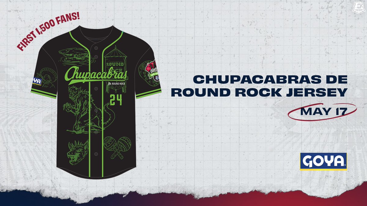Friday, May 17, the #RRChupacabras are back! Be one of the first 1,500 fans in #DellDiamond and receive a Chupacabras de Round Rock Jersey, presented by @GoyaFoods. Stick around after the game to enjoy Friday Fireworks show, thanks to @budlight. 🎟️: bit.ly/3UMTCik