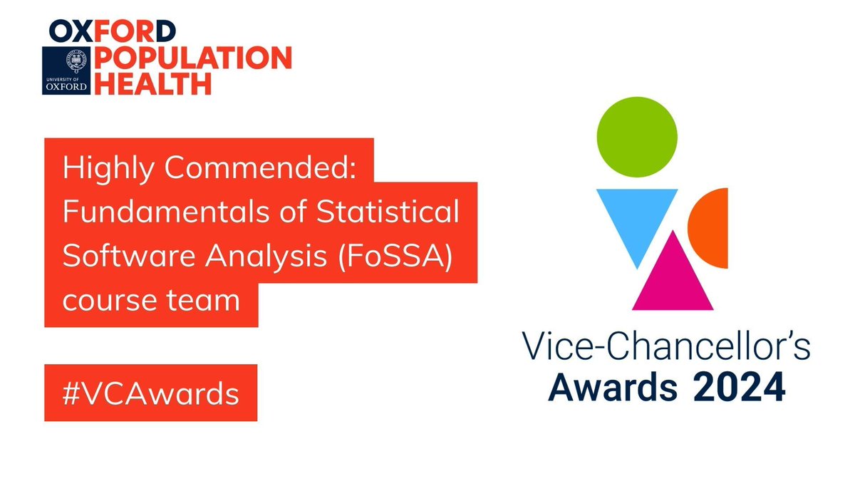 Congratulations to the Fundamentals of Statistical Software Analysis (FoSSA) course team who were highly commended at the 2024 Vice Chancellor's Awards in the Innovative Teaching and Assessment category. Find out more about the free course: buff.ly/3ybTqAr #VCAwards