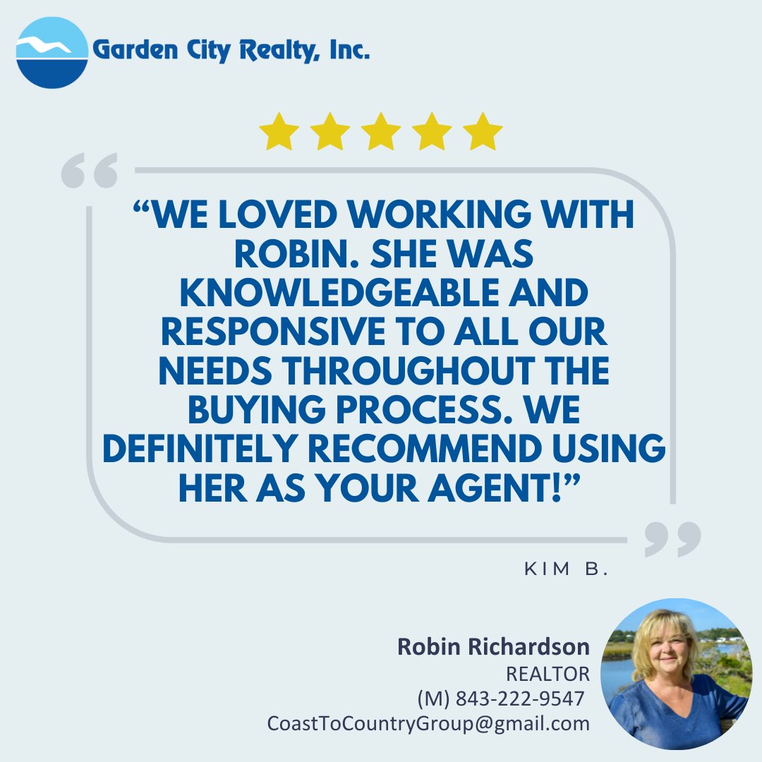 We loved working with Robin. She was knowledgeable and responsive to all our needs throughout the buying process. We definitely recommend using her as your agent! Says Kim B.

#WeHaveARealtorForThat #LifesGrandOnTheSouthStrand #REALTOR #RealEstate #LeadingRE #HomeBuying