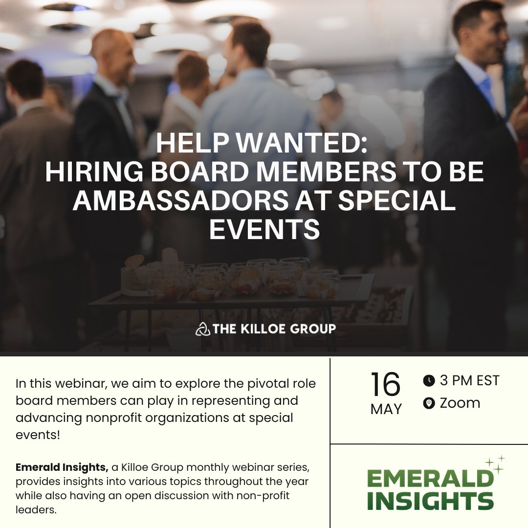 thekilloegroup's tweet photo. Less than a week until our next installment of the Emerald Insights webinar series. Sign up now to learn more about engaging your board members as ambassadors at special events! 🥂
https://t.co/jo3rKGmQUs https://t.co/jbz04VrjBK