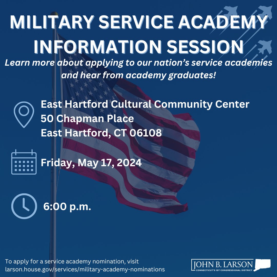Calling all high school students! Learn more about attending our nation’s military service academies and talk to academy graduates at next week’s information session. For more information on applying for a nomination, visit larson.house.gov/services/milit….