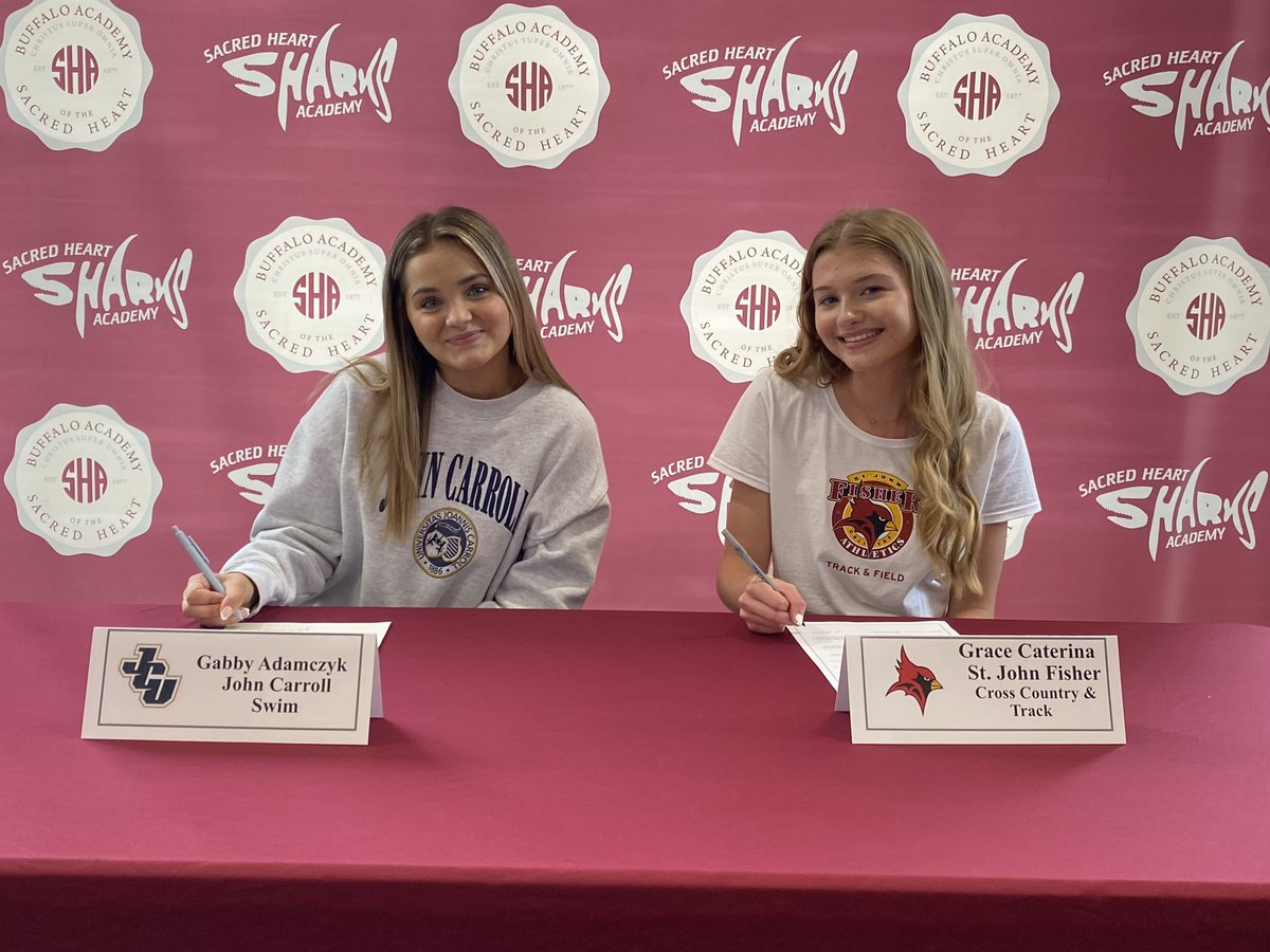 Congratulations to seniors Gabby Adamczyk  and Grace Caterina for making it official. Gabby will swim at John Carroll University and Grace will run XC and track at St. John Fisher. We are proud of both of you! 🦈