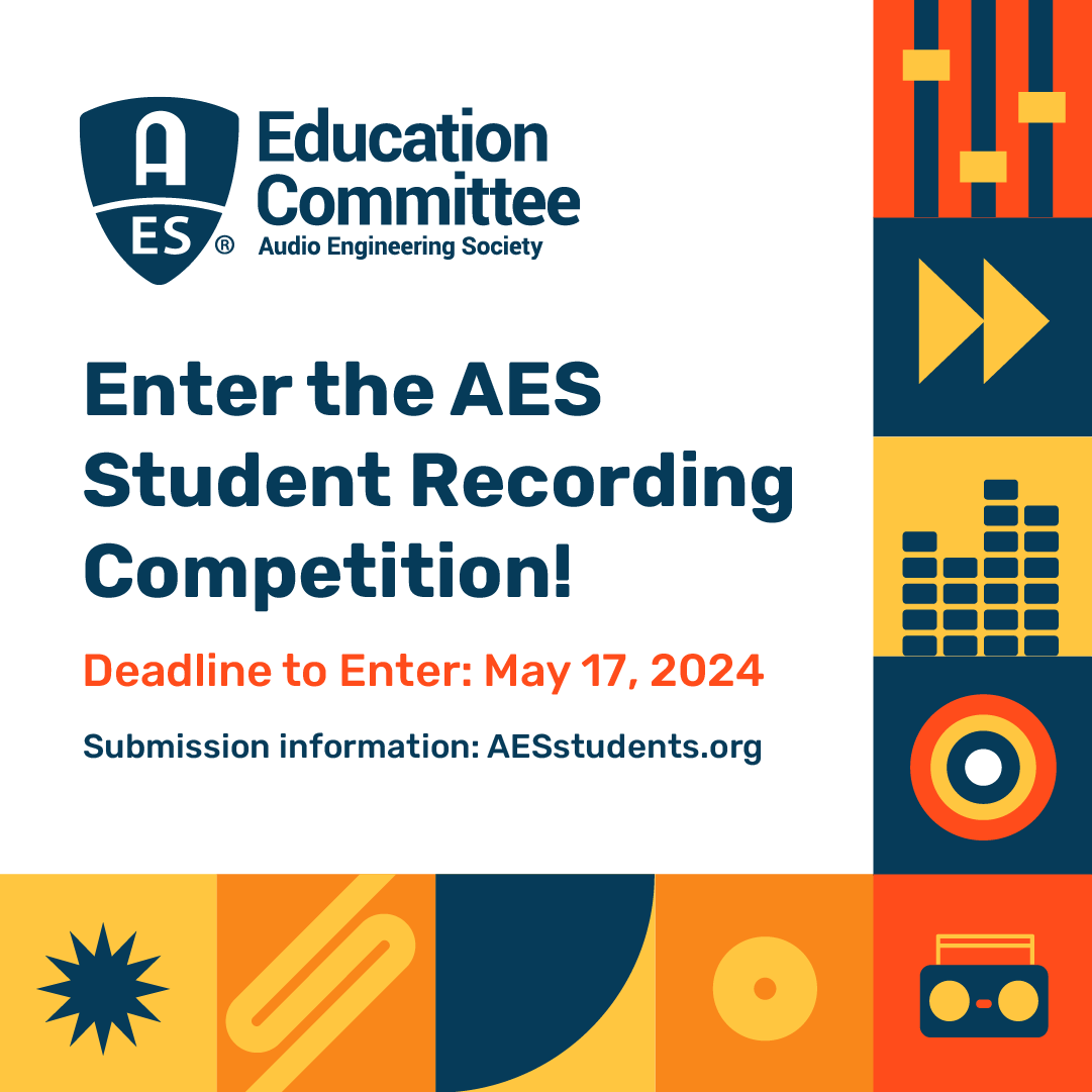 The AES Student Recording Competition is a unique opportunity for AES Student Members to receive feedback, recognition, and prizes for their audio production work. Get more information and start your submission at AESstudents.org.