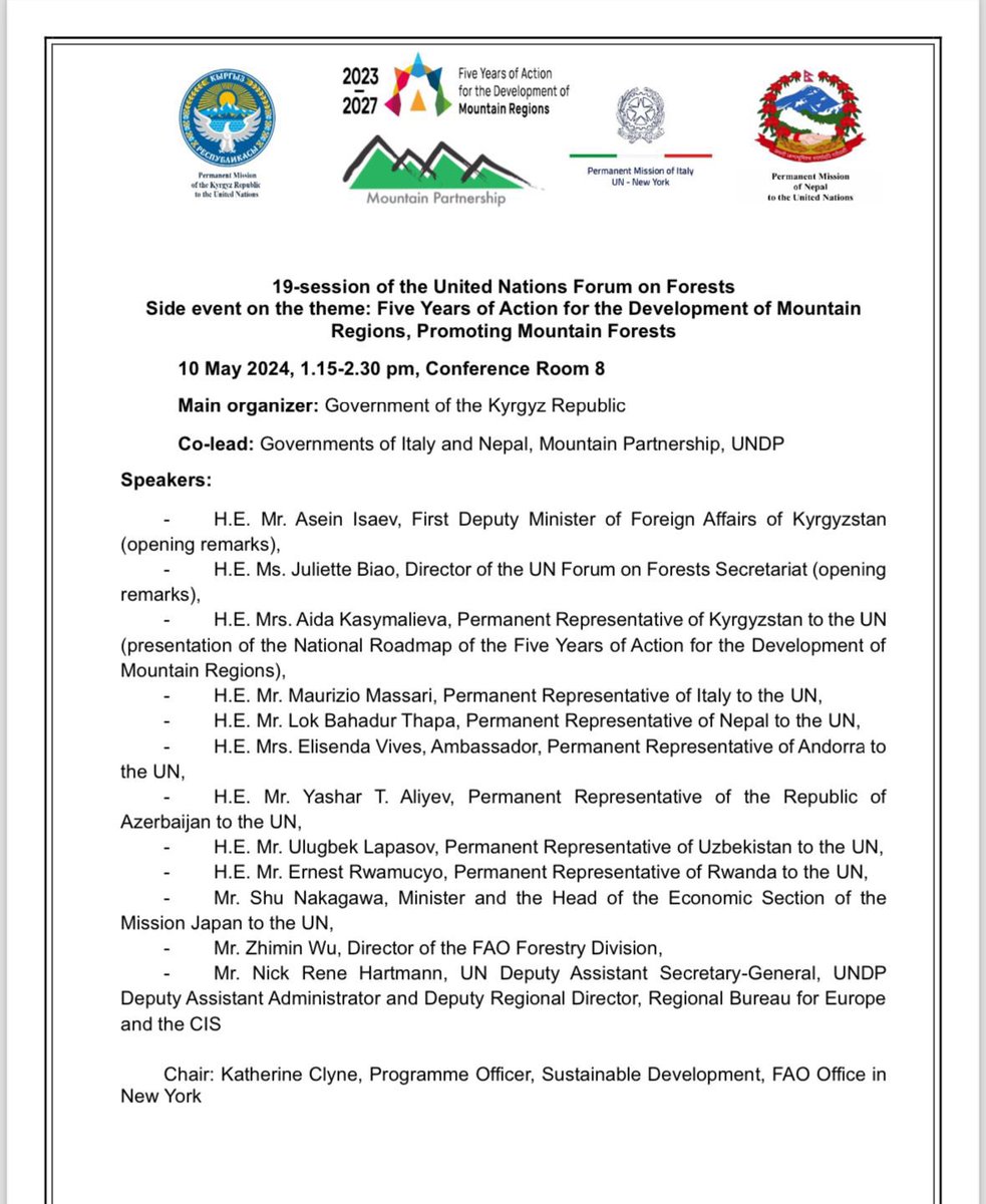 Italy proud to be a co-sponsor of today’s #UNFF19 side event by 🇰🇬🇳🇵& @UNmountains. As Chair of the Mountain Partnership Steering Committee 2024-25, 🇮🇹 committed to restoring & preserving ⛰️habitats while implementing the ‘5 Years of Action’.