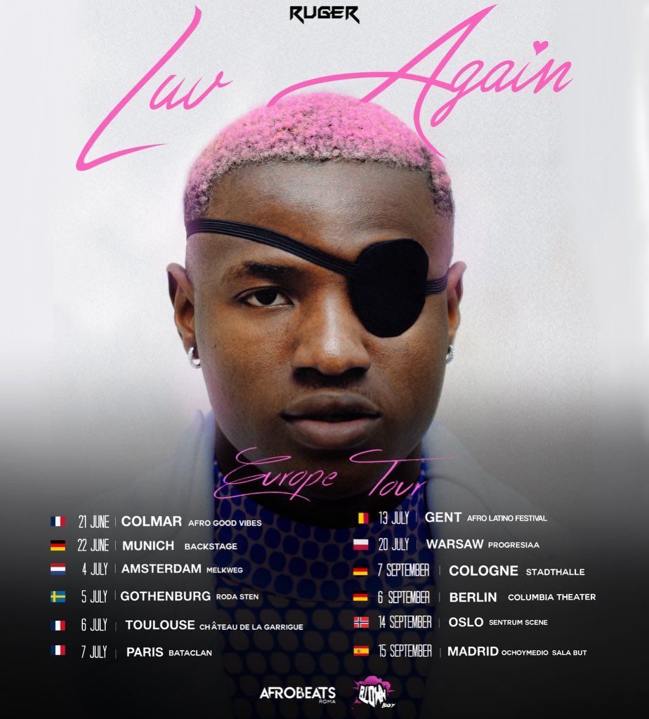 NEW DATES, NEW CITIES, NEW ENERGY. I’m so excited to see my fans in Europe again. When you see me in your country, give me a BIG HUG 🤗. TOGETHER, we are making the LUV AGAIN EU TOUR a huge success ❤️. CHEERS!!!! rugereurope.afrobeatsroma.live