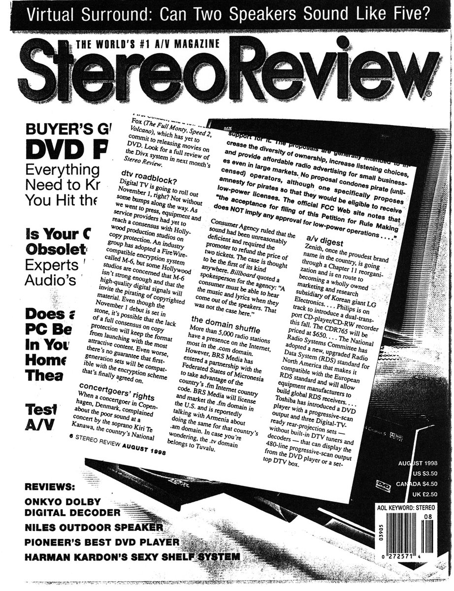 Today's #FlashbackFriday StereoReview Article 📰 from Wayyyyyy Back 📟 (Aug 1998) about the luanch for #dotFM 💻 #TLD #Domains #domainnames #DomainNameForSale
