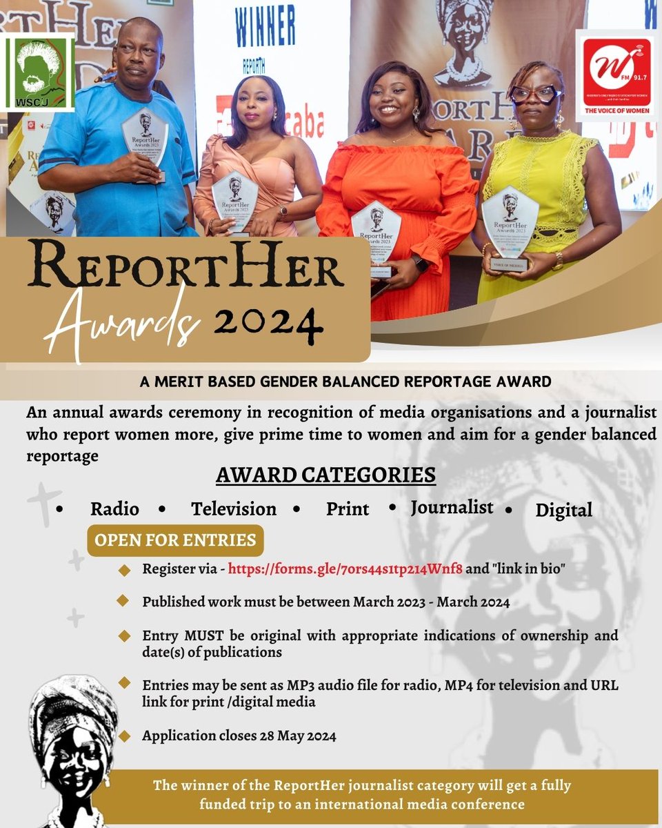 The 2nd edition of ReportHer Awards acknowledges gender-balance reportage and celebrates media organizations and a journalist who gives prime time/ space to women as their male counterparts. For more information click link below: forms.gle/7ors44s1tp214W… #ReportHER #Journalist