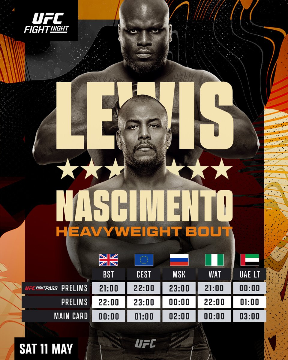 Tonight! Heavyweights Derrick Lewis vs Rodrigo Nascimento at #UFCStLouis 📺 We start at 9pm BST / 10pm CEST on @UFCFightPass