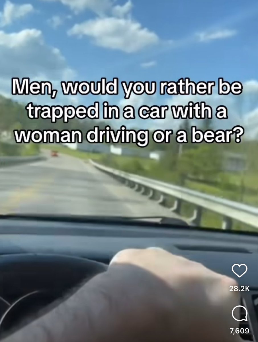 To all the beta male predators who had a problem with women choosing the bear, here's your chance to get revenge. In the scenario below, please choose the bear. 🐻 That way, the woman can drive herself to meet her female friends for dinner w/out you.🙂 #WINWIN #TeamBear