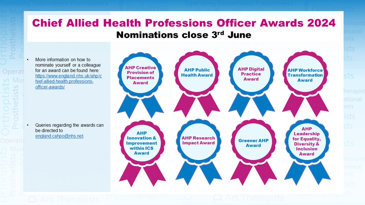 🚨#CAHPOAwards 2024 Reminder   🏆Don’t forget to nominate yourself or another #AHP for an award 📆Nominations close Monday 3 June   👀More information here 👉 england.nhs.uk/ahp/chief-alli… @WeAHPs