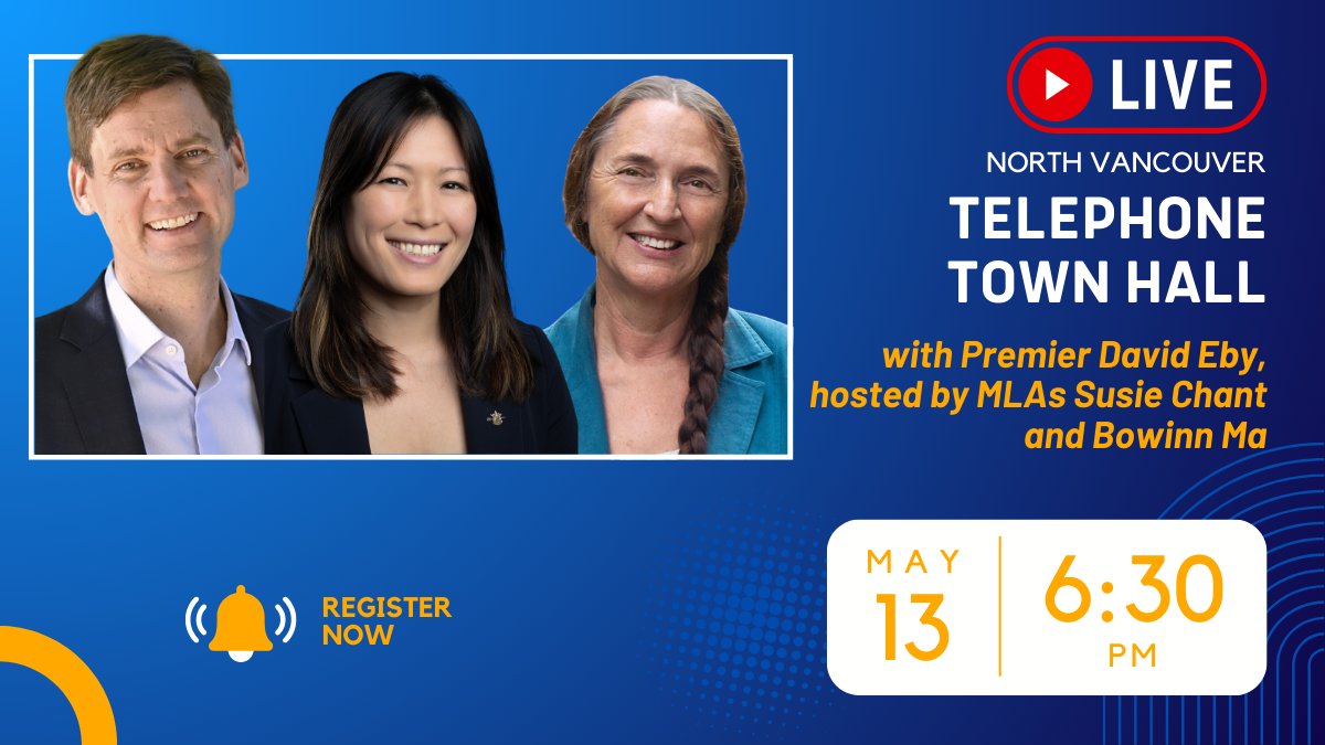 #NorthVan residents are invited to join Premier @Dave_Eby in a live Telephone Town Hall on Monday, May 13 at 6:30pm! ☎️📞📱 Register at forms.gle/jNPAAMNNK9Dhuk….