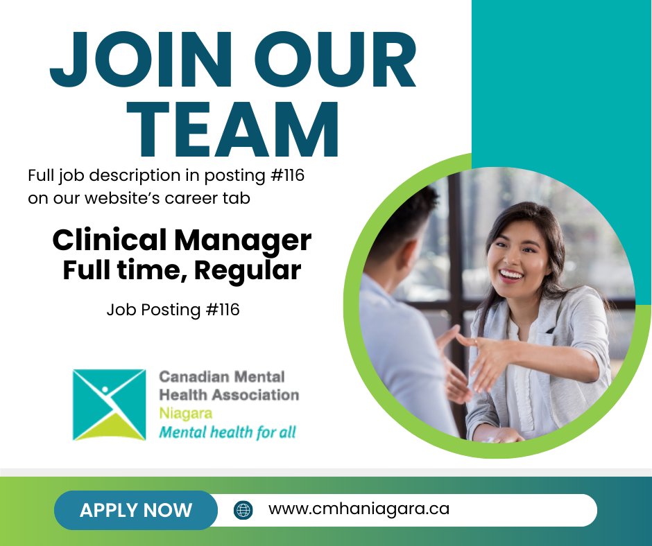 CMHA Niagara is recruiting for a Full Time Clinical Manager. Apply today! Full details on our website's career tab cmhaniagara.ca