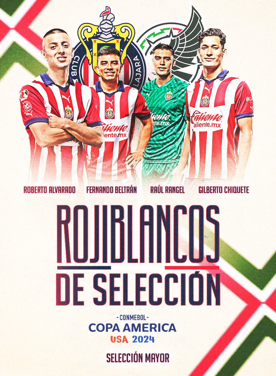 Roberto Alvarado 🥵
Fernando Beltrán 🔥
Raúl Rangel 🧤
Gilberto Chiquete 🧱

Los 4️⃣ Rojiblancos que representarán a 130 millones de mexicanos 🇲🇽 en la Copa América 🌎🏆

#RojiblancosDeSelección