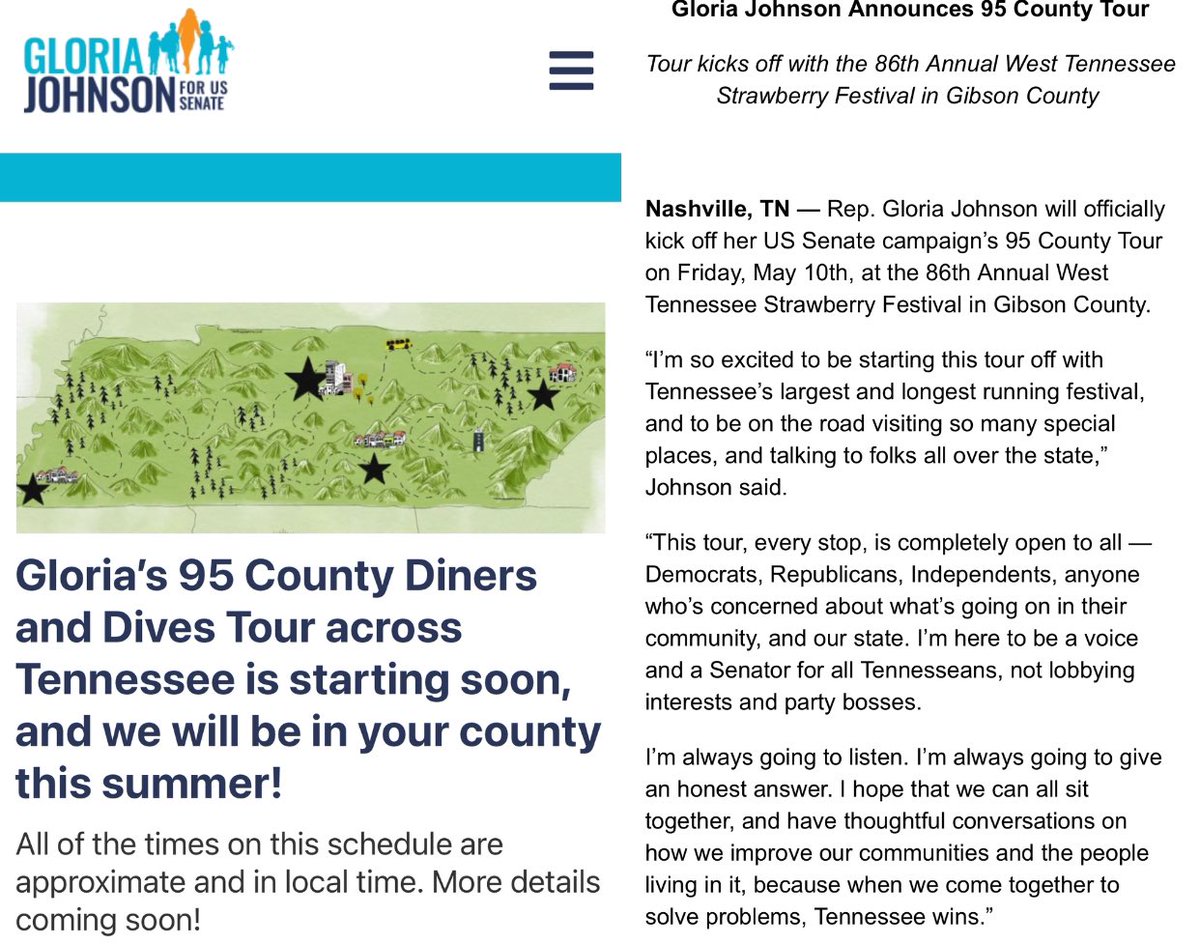 INBOX: @VoteGloriaJ announces a 95 county tour across Tennessee as she runs for senate, challenging @MarshaBlackburn More info: votegloriajohnson.com/events/