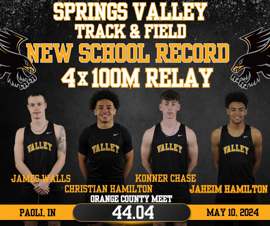 Congrats to our 4x100m relay team for setting a new school record at the Orange County Meet on Thursday!  Their time of 44.04 breaks the previous record of 44.48 from 1993.