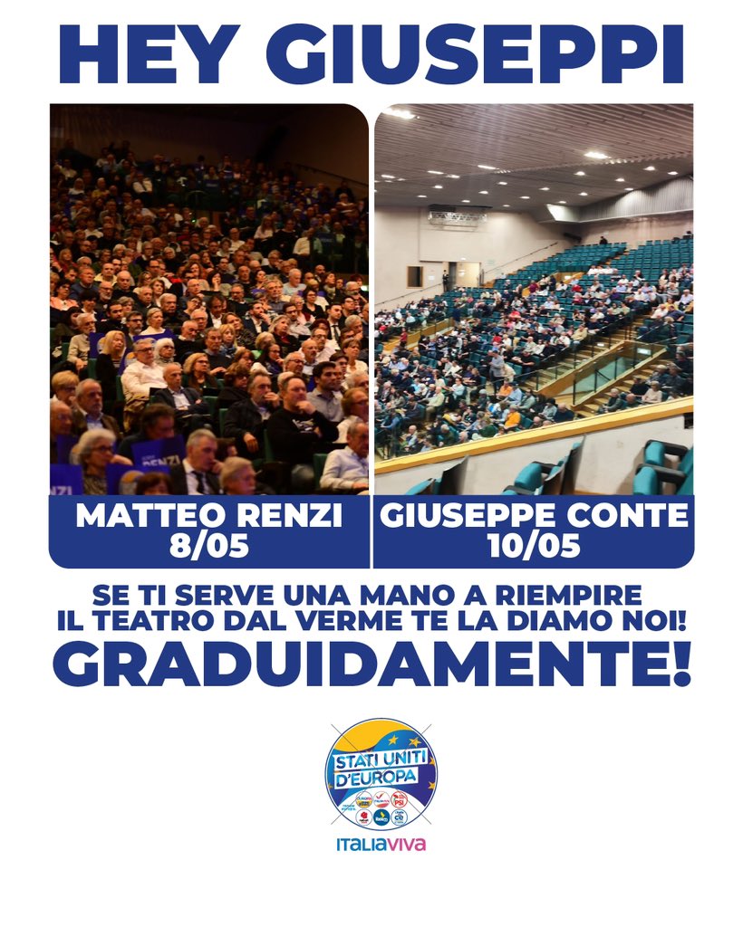 ItaliaViva's tweet photo. Hey Giuseppi! Se hai problemi a riempire il Dal Verme la prossima volta diccelo che ti aiutiamo noi. E te lo facciamo #Graduidamente https://t.co/bJRGvhDTA3