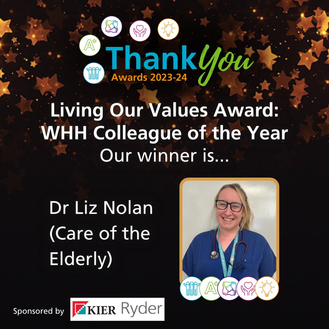Our Living Our Values Award: WHH Colleague of the Year winner is... Dr Liz Nolan (Care of the Elderly)! Their representation of our values makes them a true ambassador for WHH. Congratulations! #ThankYouWHH