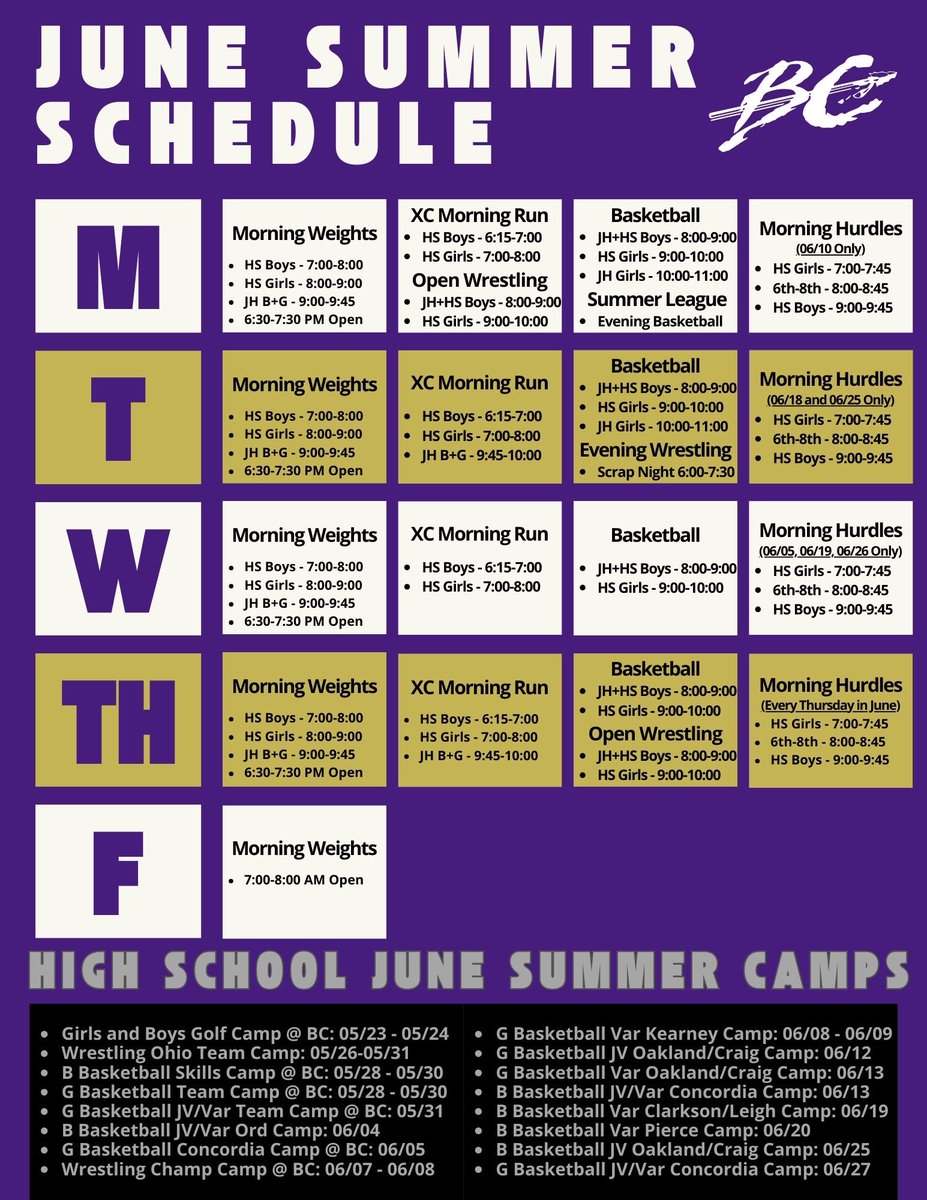 Here is the June summer athletic schedule for the junior high and high school athletes. Please keep in mind that times or dates could change due to cancellations or time shifts, so make sure you are connected with the sport’s head coach via email or communication app!